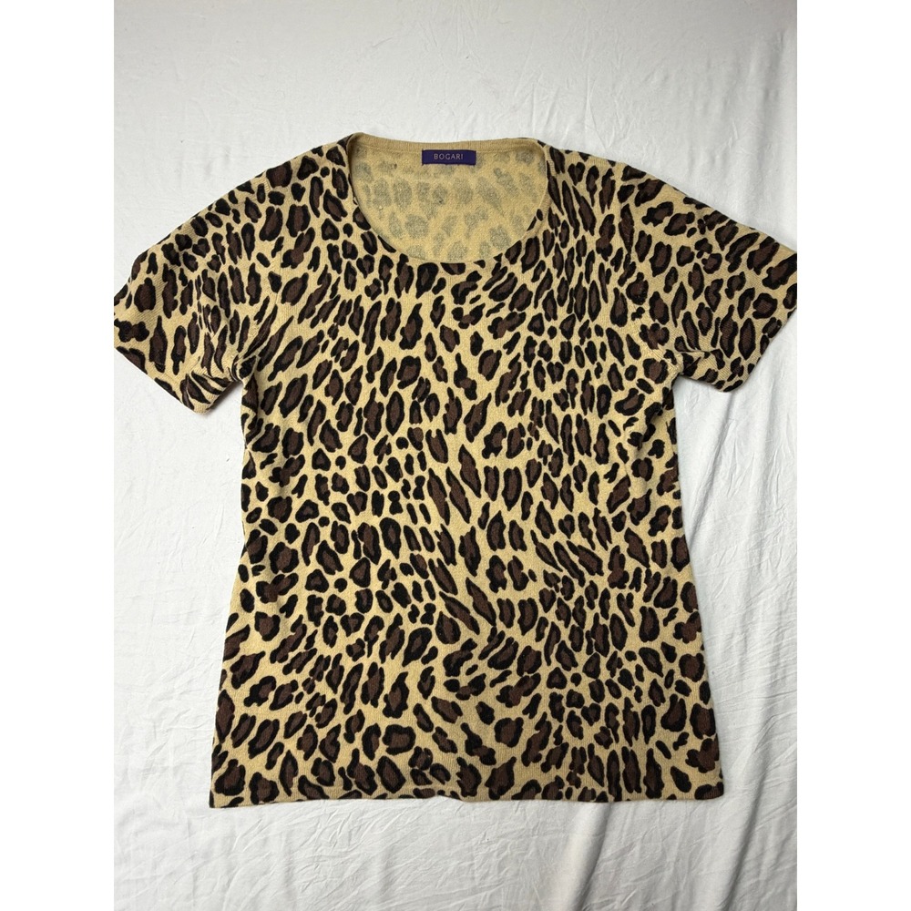 Bogari Womens Leopard Print Short Sleeve Knit Sweater Top Tan Brown Black